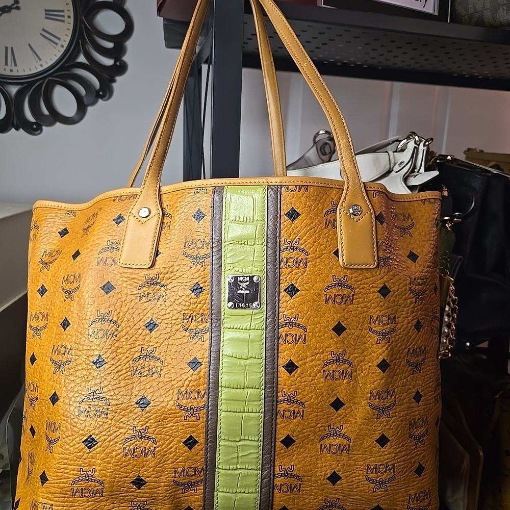 MCM Cognac Neverfull Tote with Green Center Stripe And Pouch